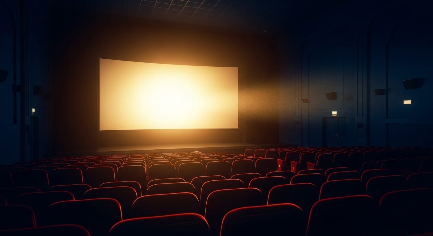 An empty cinema screen glowing in a dark theatre