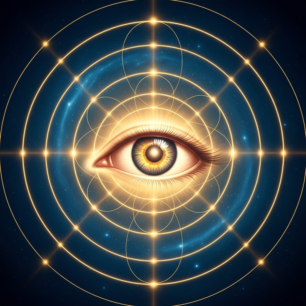 Symbolic image of an open eye opening at the centre of a mandala of concentric golden rings against deep cosmic blue, contemplative atmosphere