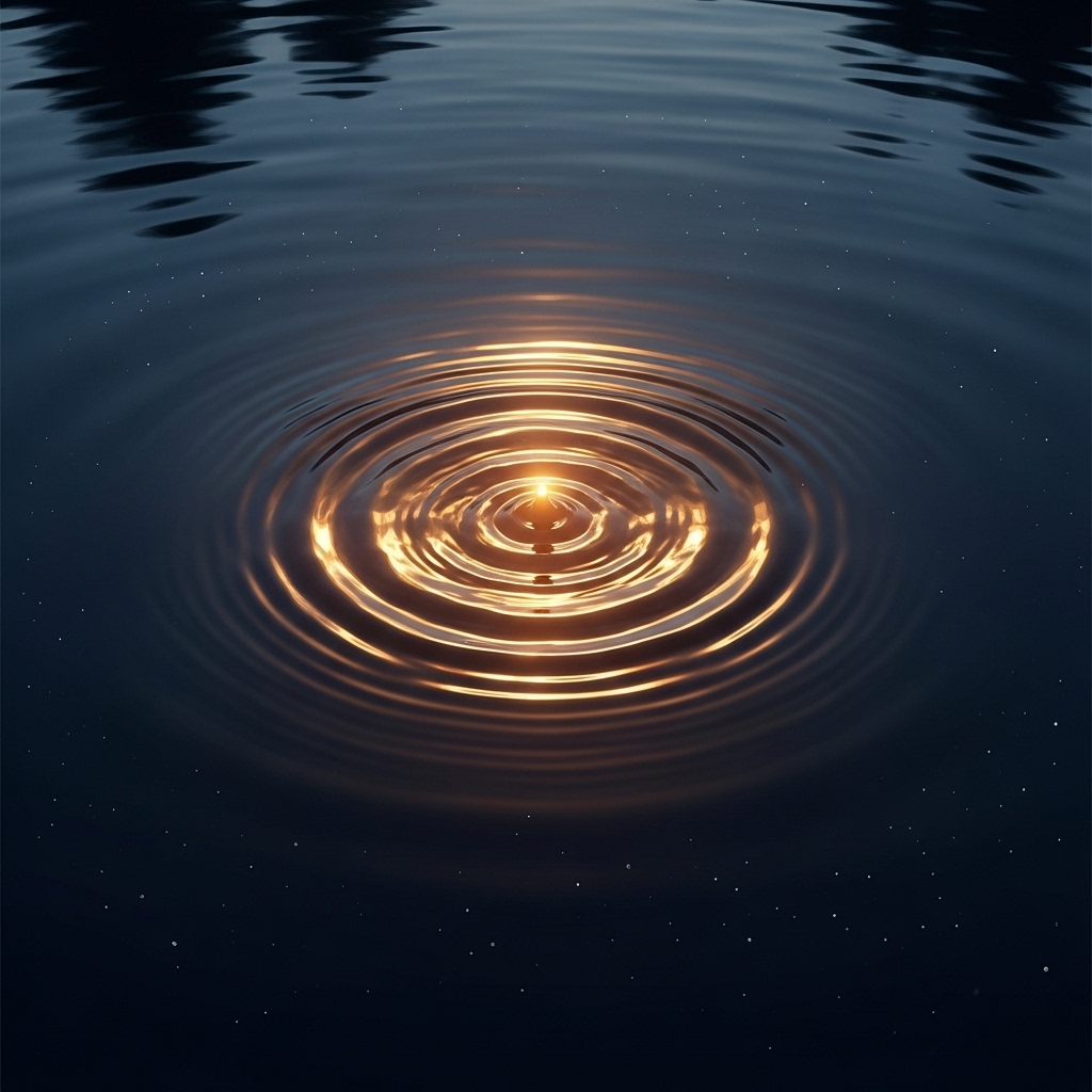 Symbolic image evoking the Ashtavakra Gita, golden ripple of awareness on dark water, soft minimal contemplative composition