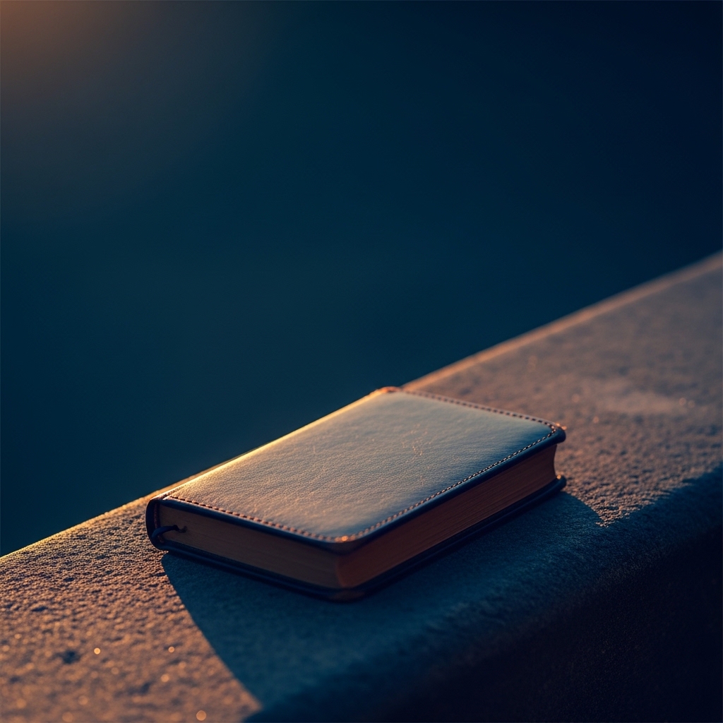 A worn small leather-bound pocket book resting on a stone step at dawn, soft warm gold light from a low sun, deep cosmic blue shadows behind, contemplative atmosphere, painterly minimal composition, no text on the book