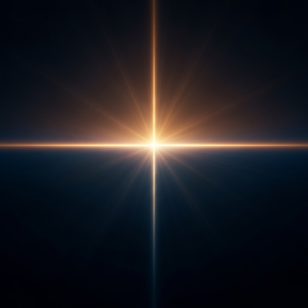 Symbolic image of a single radiant point of golden light at the centre of an infinite dark expanse, with subtle rays extending outward, minimalist contemplative composition