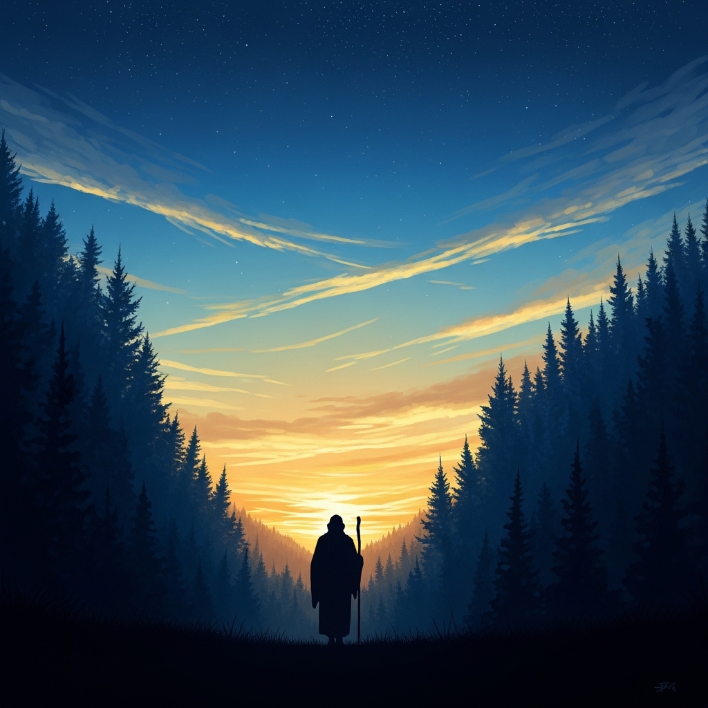 Symbolic image of a wandering naked sage at the edge of a forest under a starlit sky, contemplative and unadorned, deep blue and warm amber palette, painterly style