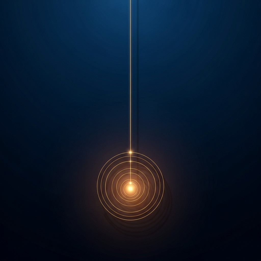 A single fine golden thread descending vertically through a vast deep cosmic blue space, passing through a series of nested concentric translucent circles each glowing softly from within, the thread continuous and unbroken, contemplative sacred geometry composition, painterly minimalist style, no text