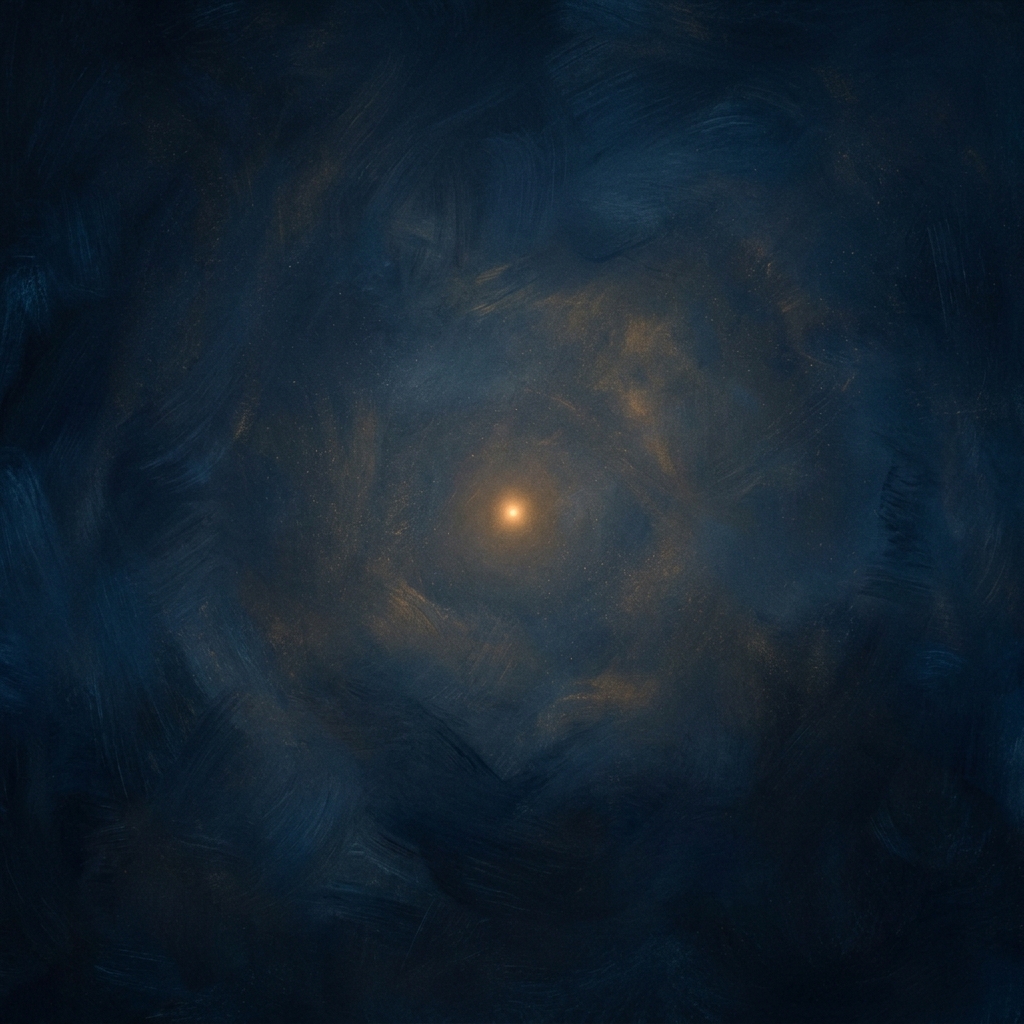 A vast still expanse of deep cosmic blue with a single small warm gold point of light suspended at its centre, and the whole expanse faintly the same gold as the point, contemplative atmosphere, painterly minimalist composition, no people, no text