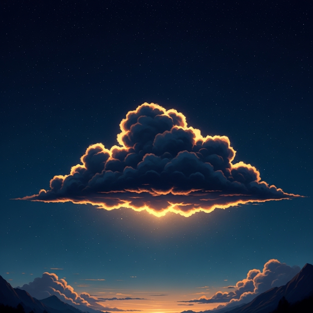 Symbolic image of a single dark cloud illuminated from within by warm golden light, suspended in a vast dark blue cosmic sky scattered with stars, contemplative composition, painterly atmospheric style