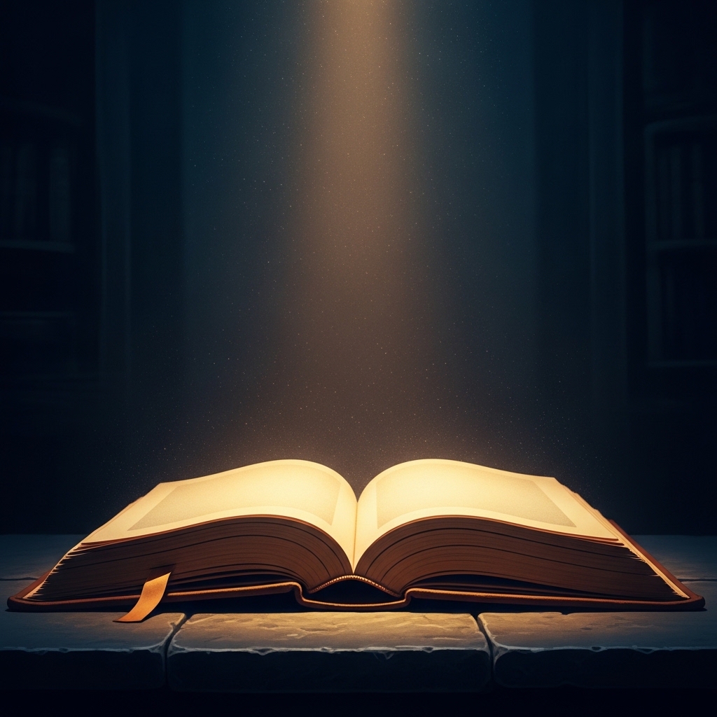 Symbolic image of an open ancient codex on a stone surface, single golden light falling on the pages from above, the rest of the room in deep cosmic blue shadow, contemplative atmosphere