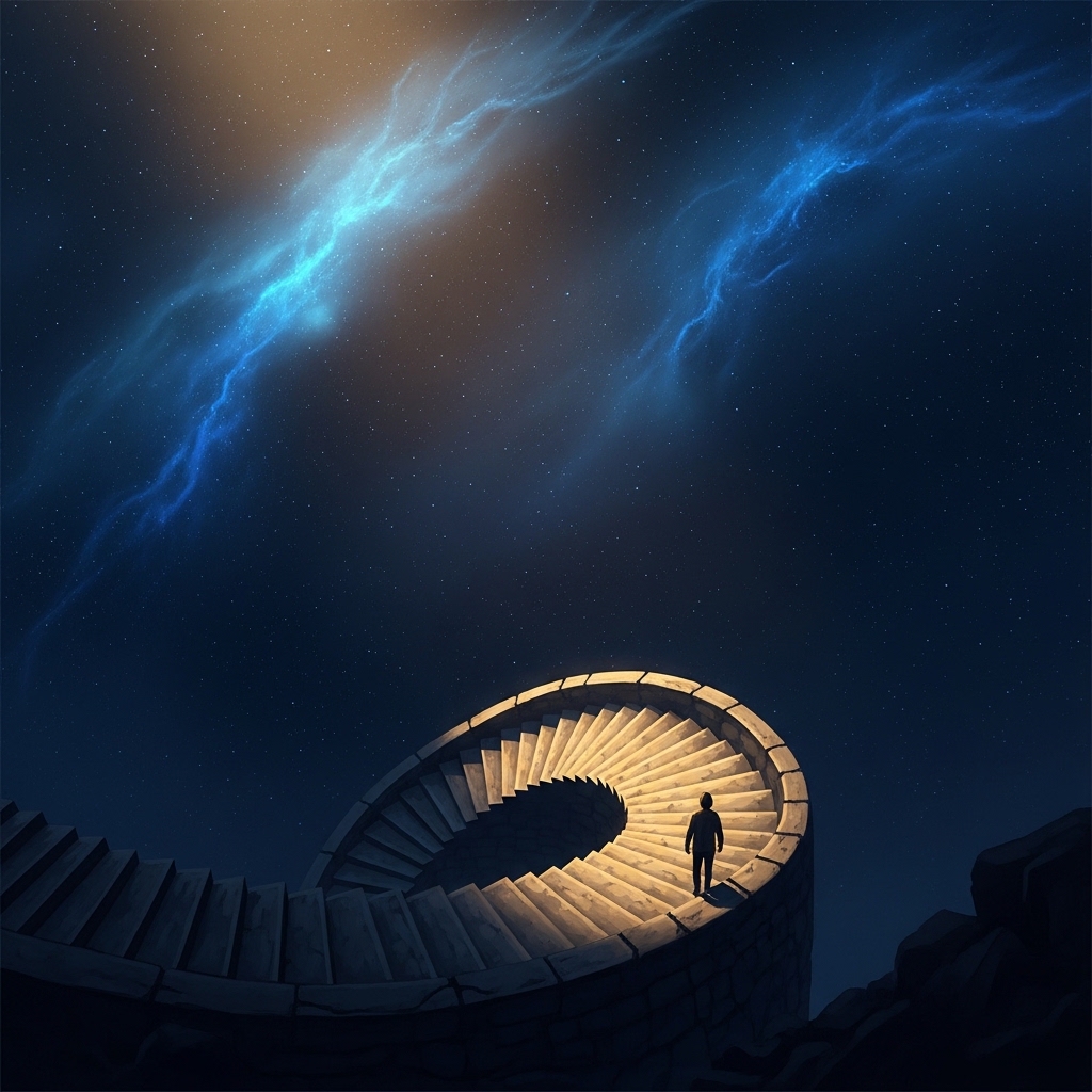 Symbolic image of a single small figure walking down a dark stone staircase that descends into a vast deep cosmic blue void scattered with stars, faint warm light visible far below, contemplative dramatic atmosphere, painterly style