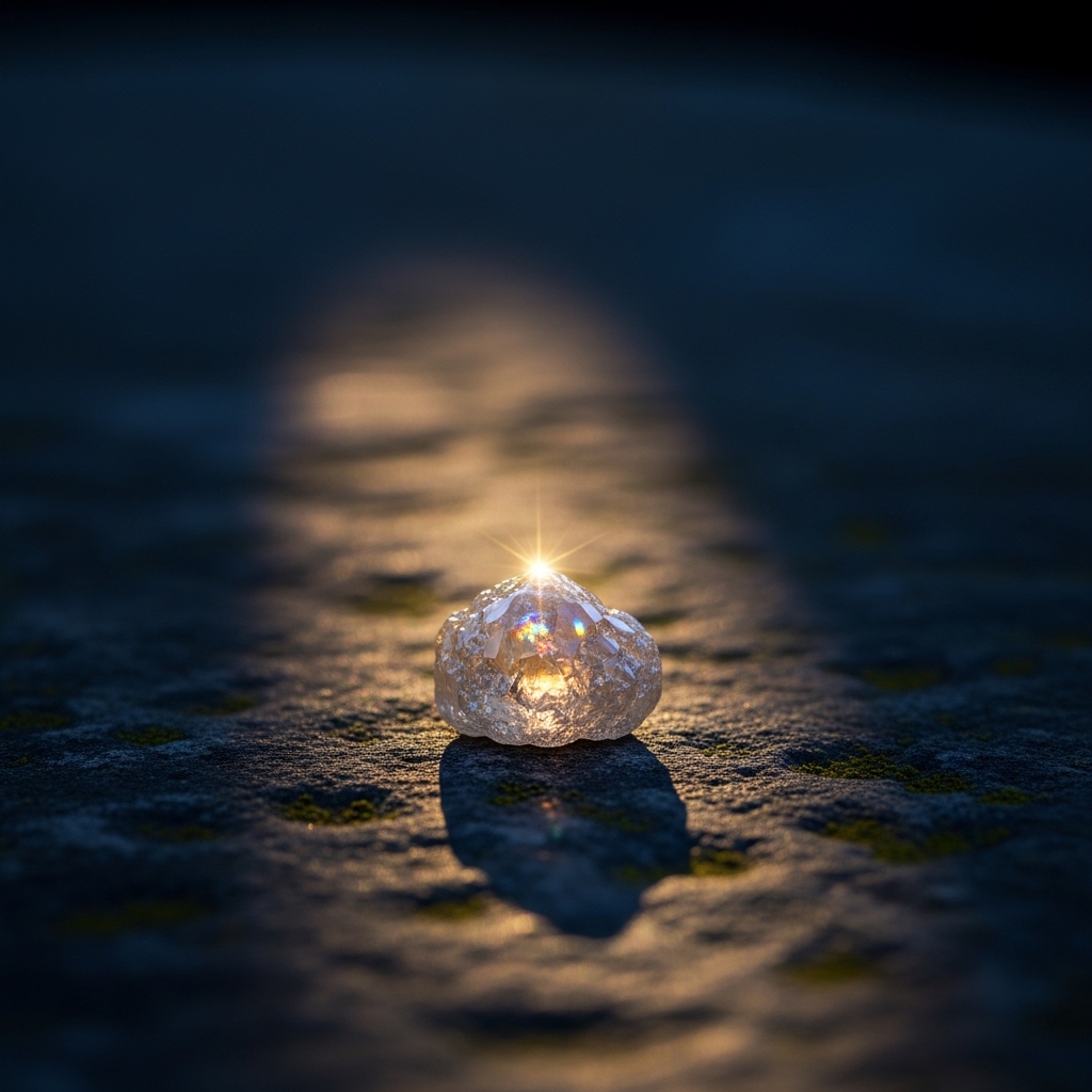 A small uncut diamond resting on a worn stone surface in soft warm afternoon light, the gem catching a single shaft of golden sun and refracting it into faint rainbow points, deep cosmic blue shadow surrounding, contemplative atmospheric still life, painterly minimal composition, no text