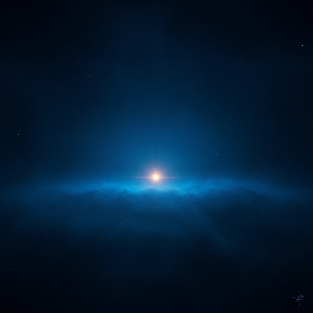 Symbolic image of an empty vault of dark cosmic blue space with a single point of warm golden light at its centre, the light absolute and silent, contemplative atmosphere, no walls or boundaries