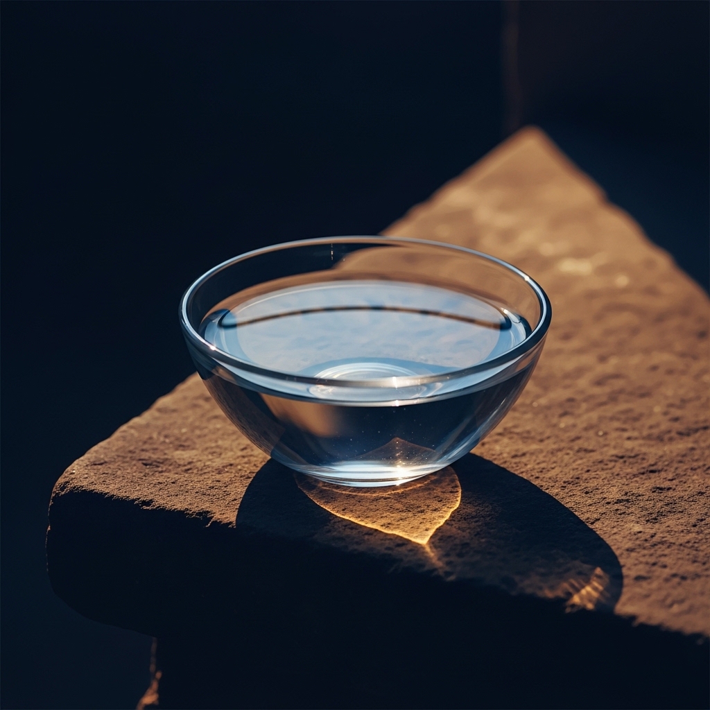 A small clear bowl of still water resting on a stone surface in soft warm afternoon light, reflecting an empty sky above, deep cosmic blue shadow surrounding, contemplative atmospheric still life, painterly minimal composition, no text