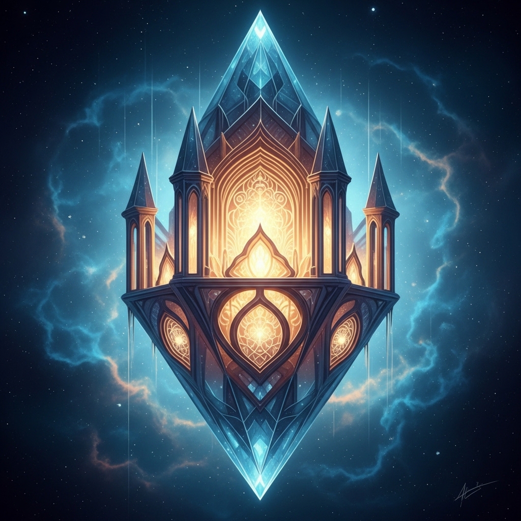 Symbolic image of a faceted crystal castle suspended in a vast cosmic blue space, faint warm golden light glowing from its innermost chamber outward through translucent walls, contemplative composition, painterly atmospheric style