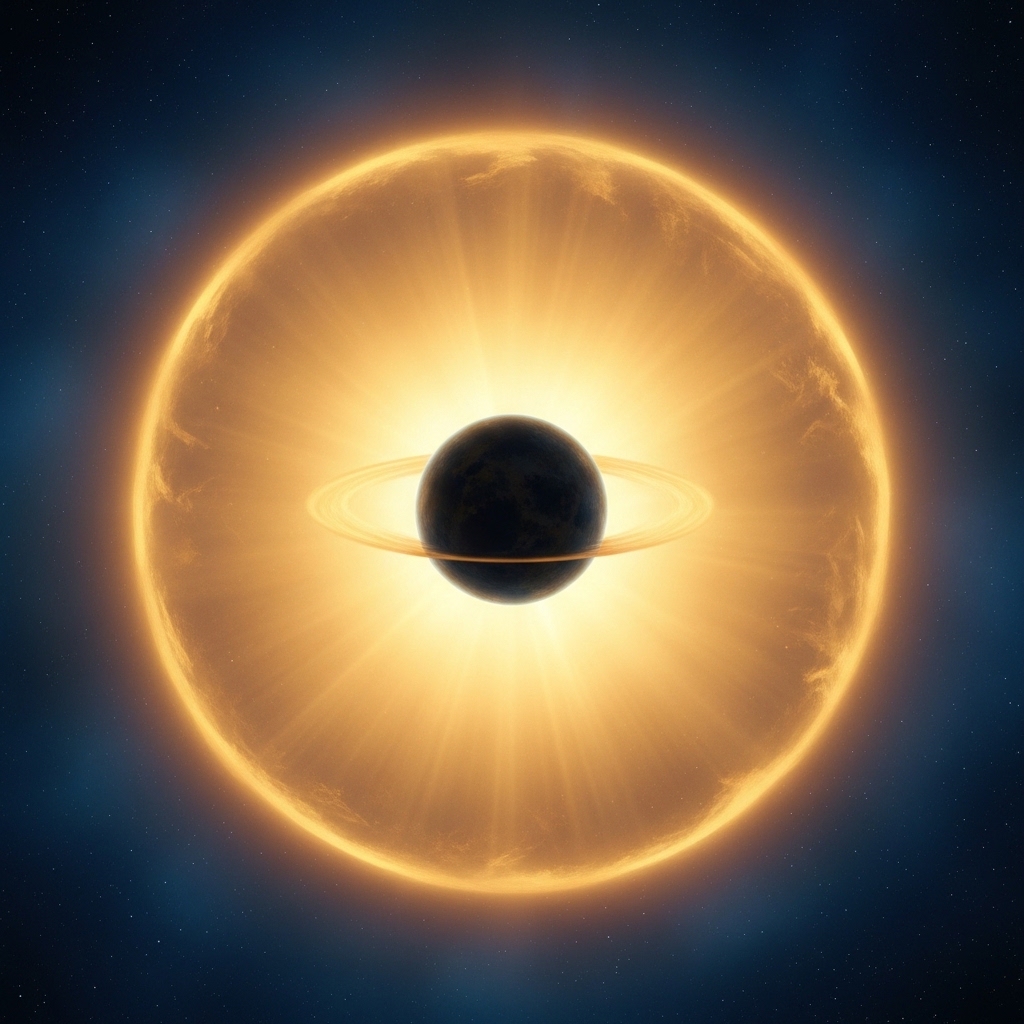 A vast warm golden radiance enveloping a small dark world held suspended at its centre, the radiance soft and limitless, the world held tenderly within it, deep cosmic blue beyond, contemplative atmosphere, painterly minimalist composition, no text