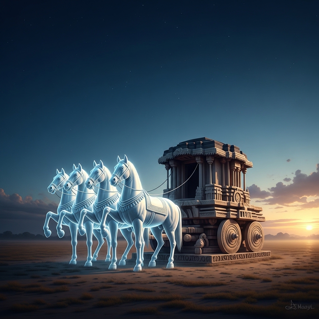 An empty stone chariot drawn by five luminous horses on an open plain at dusk, the chariot itself silent and unoccupied, the reins still, deep cosmic blue sky above with faint stars, soft amber dawn breaking on the horizon, contemplative painterly composition, no driver, no text