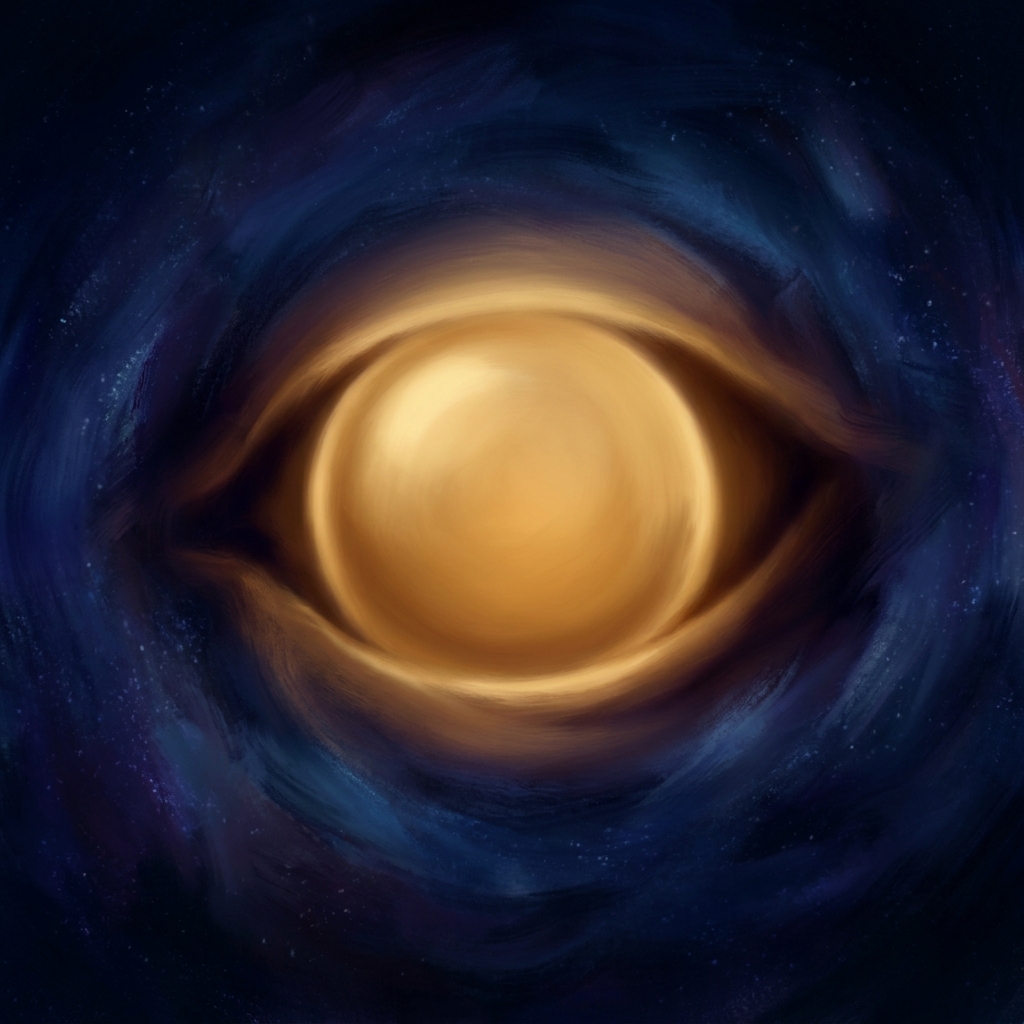 A single open eye rendered as a soft pool of warm golden light with no pupil and no iris, set in deep cosmic blue, nothing reflected in it, contemplative atmosphere, painterly minimalist composition, no face, no people, no text
