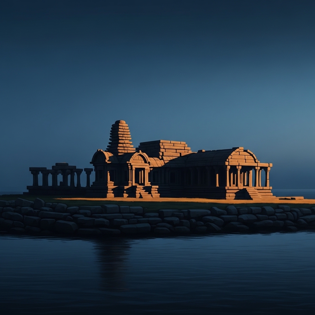 A weathered stone temple courtyard at dusk on a small island viewed from the sea, soft warm gold light catching the stones from the west, deep cosmic blue twilight sky, calm dark water in the foreground, contemplative atmospheric landscape, painterly minimal composition, no people, no text