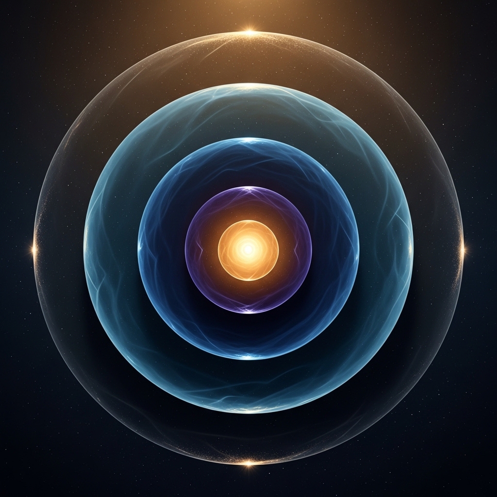 Symbolic image of consciousness layers, four concentric circles in deep blue and gold, minimal contemplative composition representing the four states of consciousness