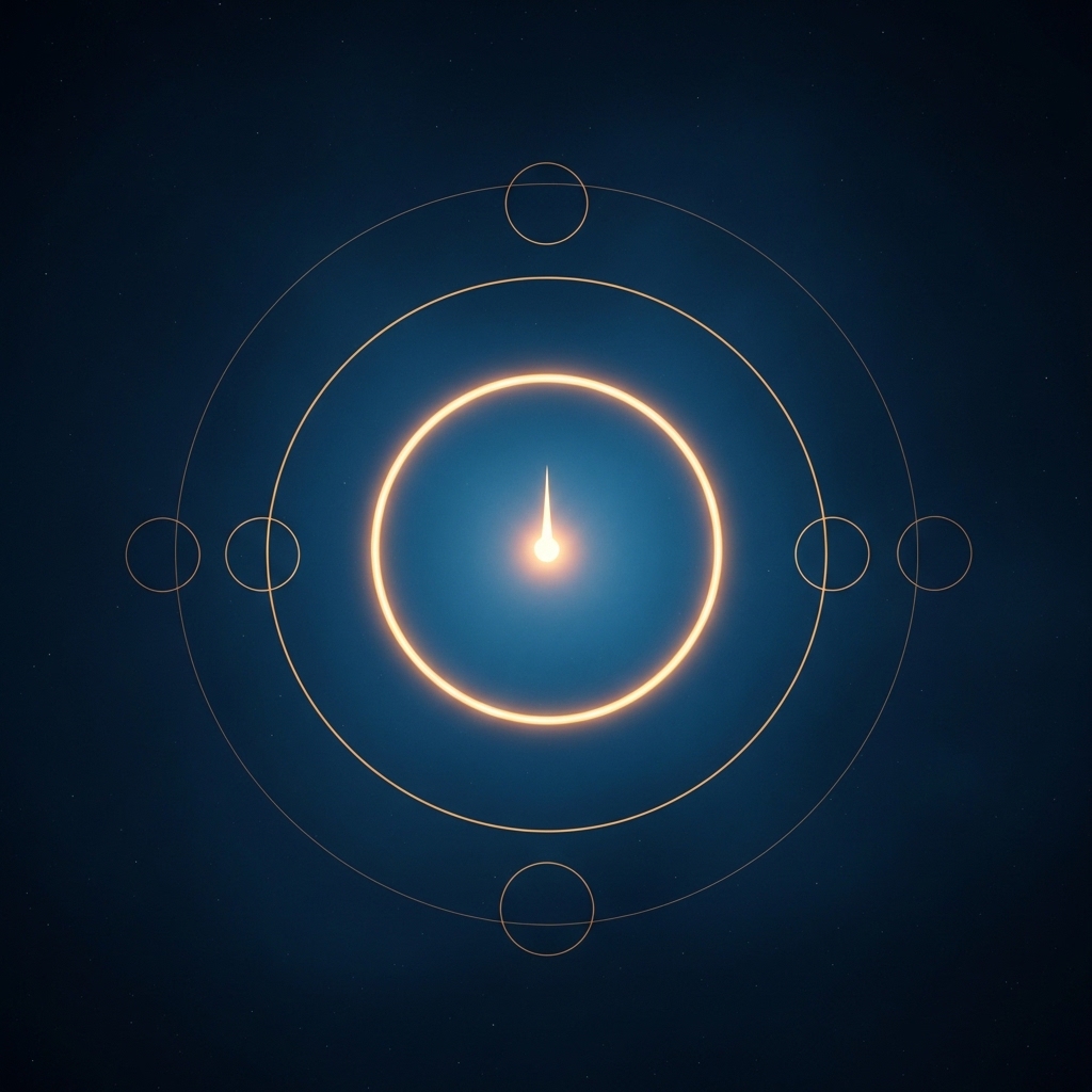 A single luminous concentric ring of warm gold suspended in deep cosmic blue space, with three faint outer rings receding into shadow representing waking, dream, and deep sleep, and a single radiant point of pure gold at the centre representing turiya, minimalist contemplative composition, no text