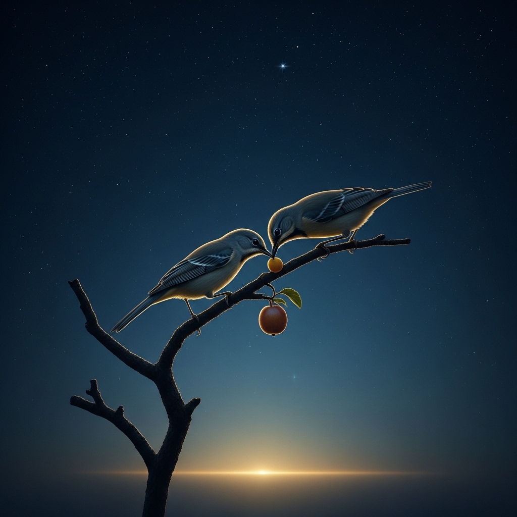 Two birds perched on the slender branch of a single dark tree silhouetted against a vast cosmic blue night sky scattered with faint stars, one bird leaning forward to take a fruit, the other still and watching with quiet attention, soft warm light from a single point on the horizon, painterly contemplative composition, no text