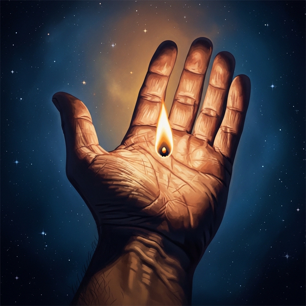 Symbolic image of an open hand holding a small flame against a dark cosmic blue background, the flame steady and warm gold, the hand simple and ordinary, contemplative composition, painterly humble style
