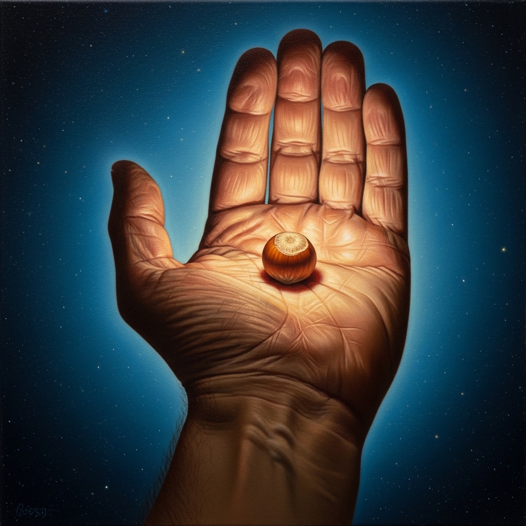 Symbolic image of a small hazelnut resting in an open palm, glowing faintly from within, the rest of the composition deep cosmic blue with subtle stars, contemplative atmosphere, painterly style