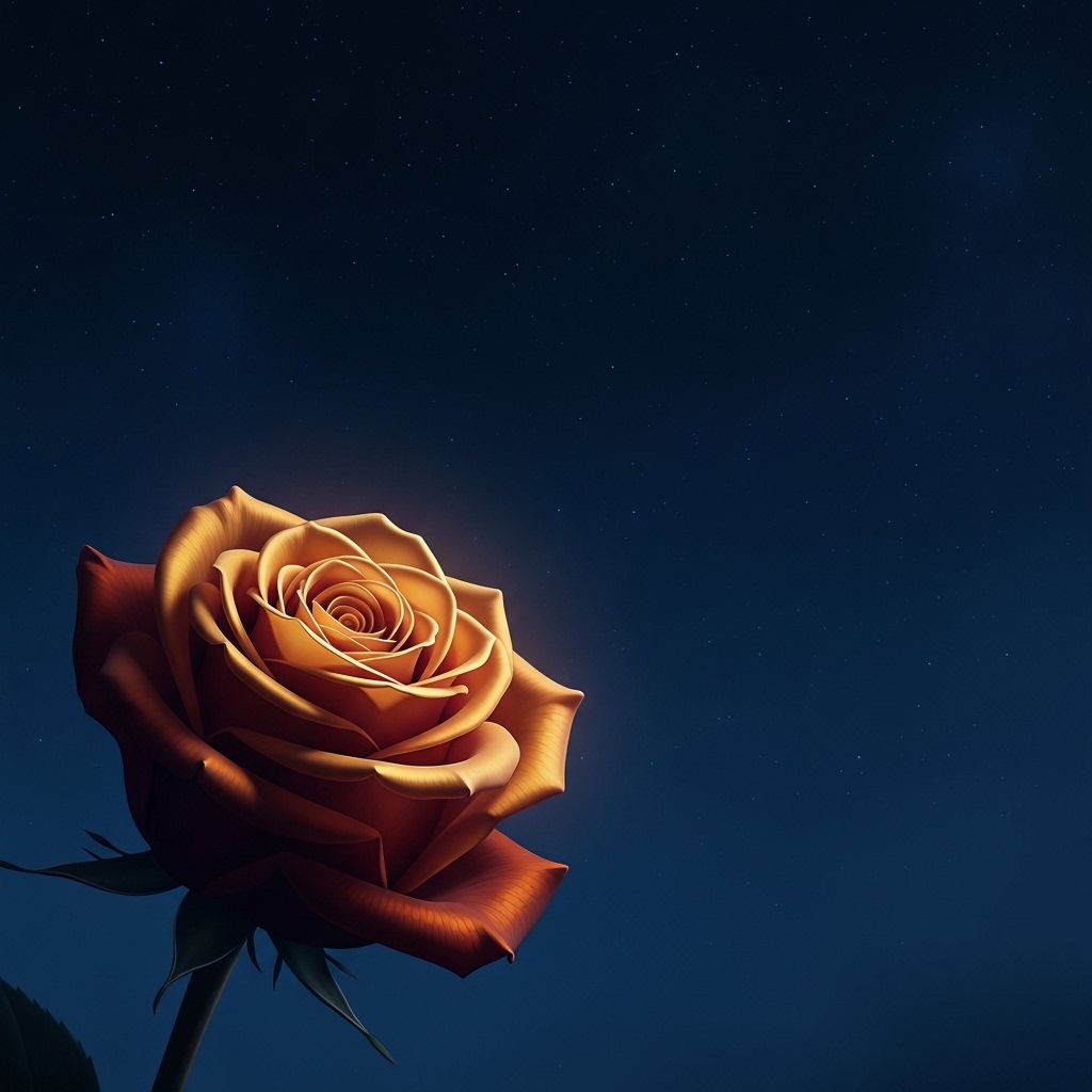 Symbolic image of a single rose in deep amber light blooming against a vast deep blue night sky scattered with stars, contemplative composition, painterly style