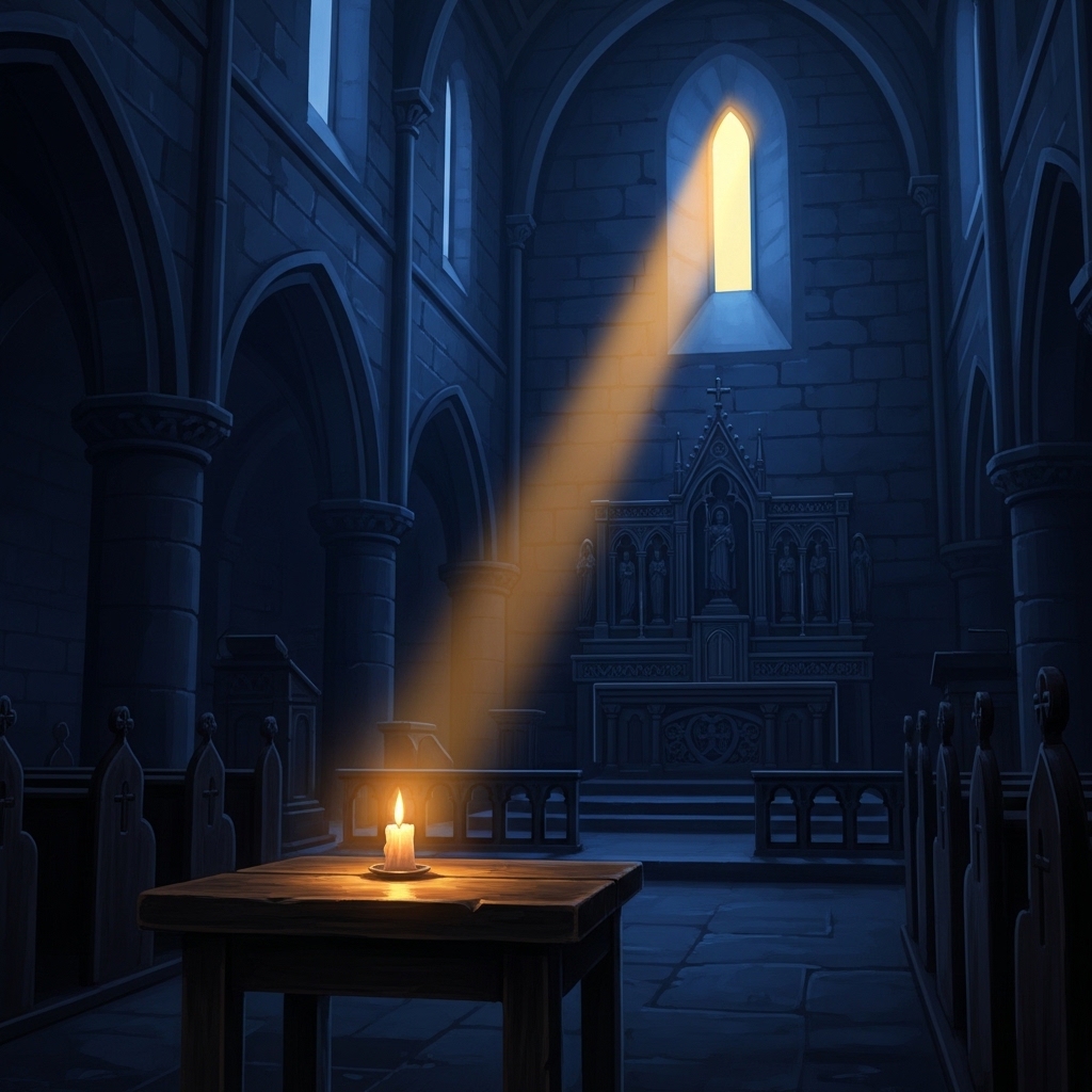 Symbolic image of a small candle flame burning steadily on a wooden table inside a simple medieval Gothic chapel, a single shaft of golden light from a high window meeting the candle, deep blue interior shadow, contemplative atmosphere, no people