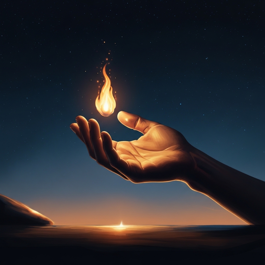 Symbolic image of an open hand letting go of a small flame which floats upward into a vast dark cosmic blue sky scattered with stars, contemplative composition, painterly style