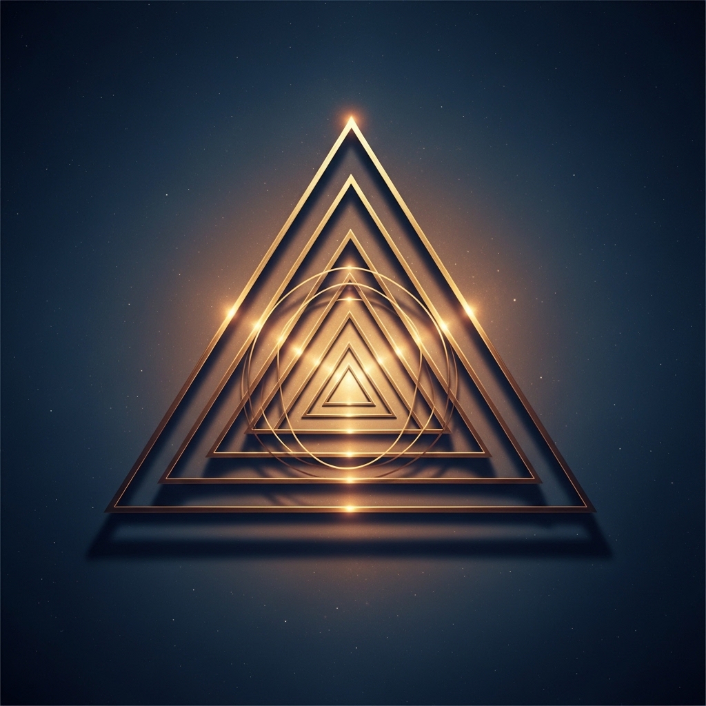 Symbolic image of a glowing yantra of three nested triangles in deep gold against a dark cosmic blue, soft radiance, contemplative composition