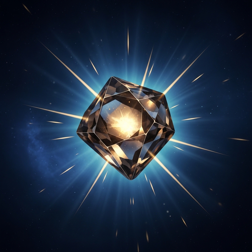Symbolic image of a many-faceted crystalline jewel suspended in deep cosmic space, refracting golden light into the surrounding darkness, painterly contemplative composition