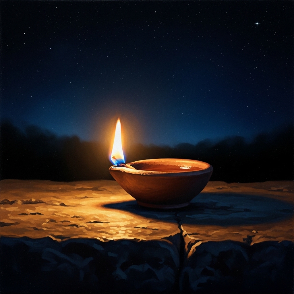 Symbolic image of a single steady flame in a clay lamp under a vast night sky, contemplative atmosphere, deep blue and warm gold