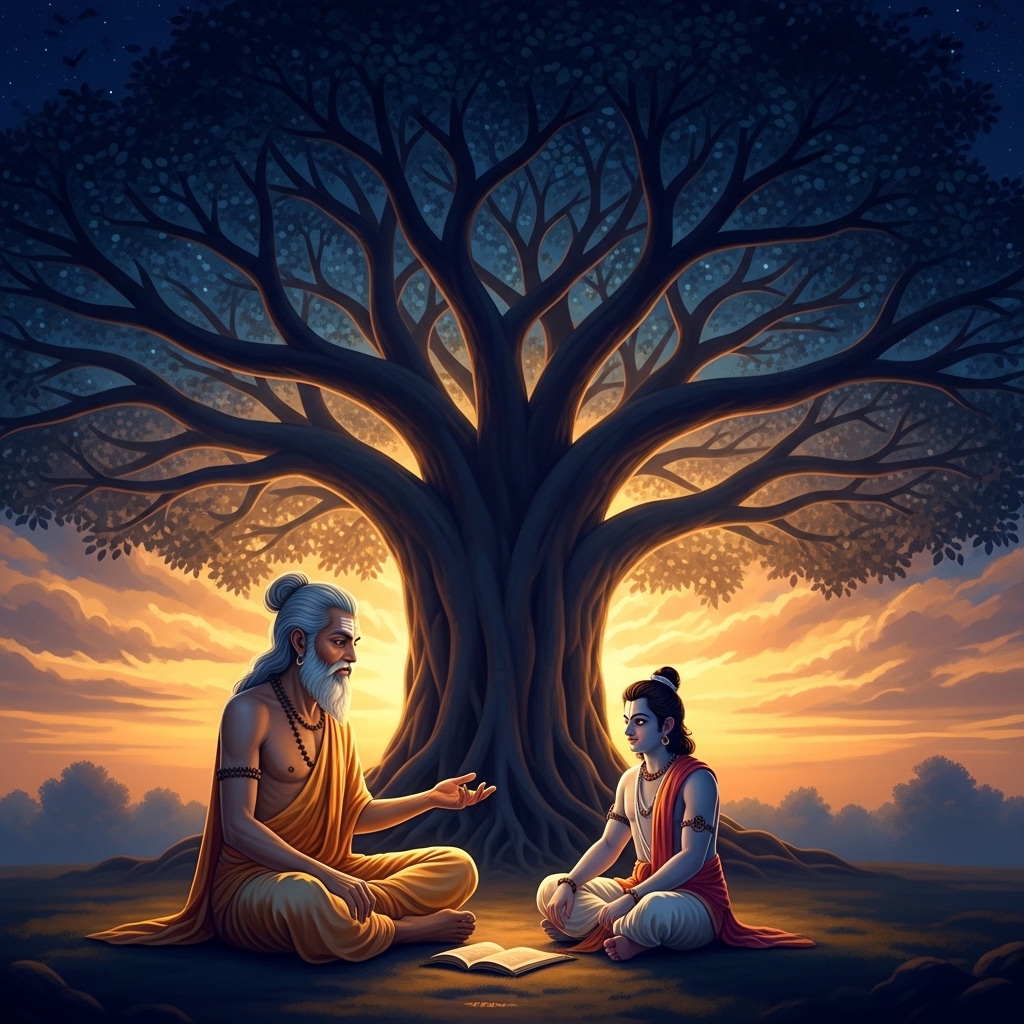 Symbolic image of an ancient sage teaching a young prince beneath a vast sky, soft golden dawn light, painterly contemplative composition, deep blue and amber palette